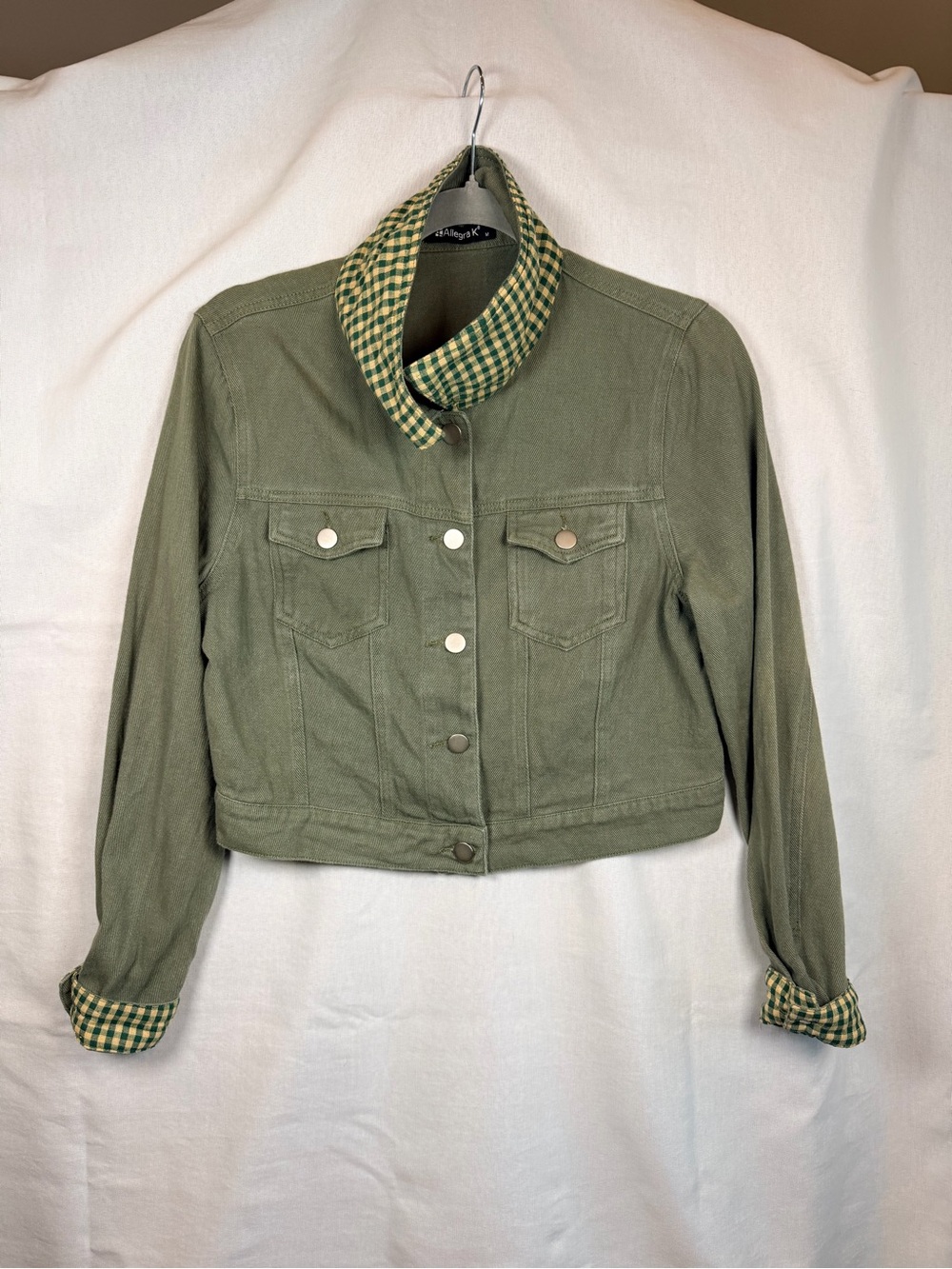Allegra K Cropped Denim Jacket M Sage Olive Green Gingham Collar Cottagecore Y2K